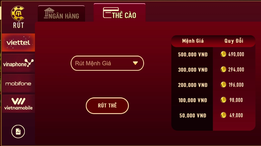 Rút tiền Manclub bằng thẻ cào